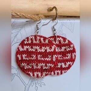 Hand Knitted Circle Earrings Red White Premium Hand Dyed Yarn
